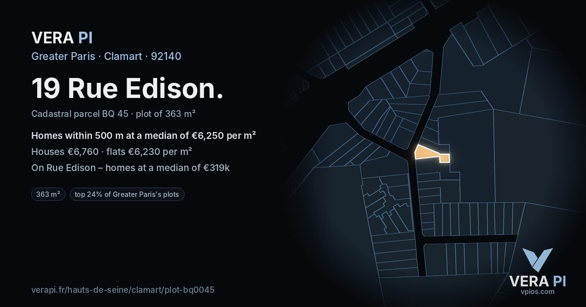 19 Rue Edison, Clamart at night – the plot lit, the parcels around coloured by the prices near them
