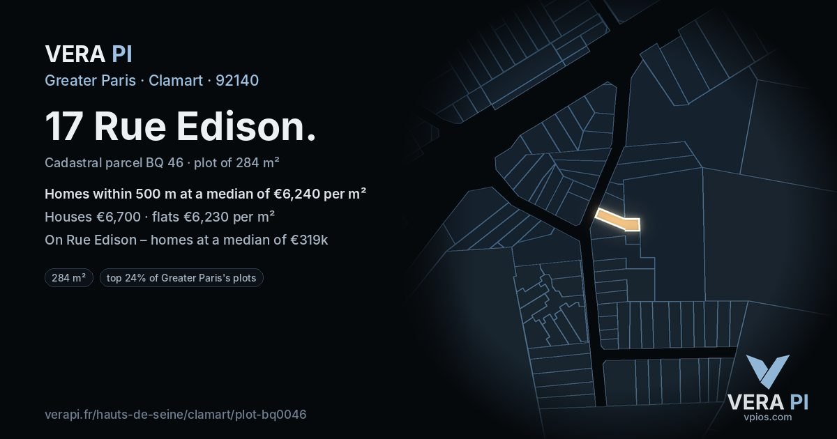17 Rue Edison, Clamart at night – the plot lit, the parcels around coloured by the prices near them
