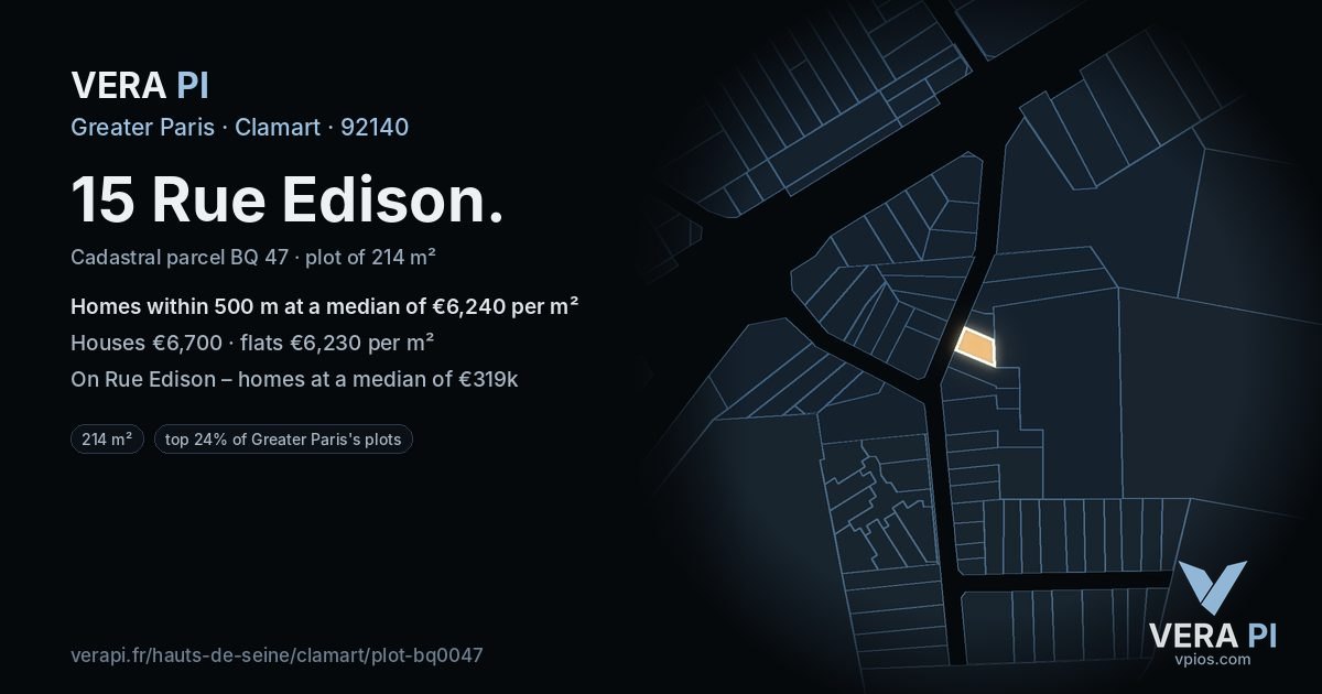 15 Rue Edison, Clamart at night – the plot lit, the parcels around coloured by the prices near them