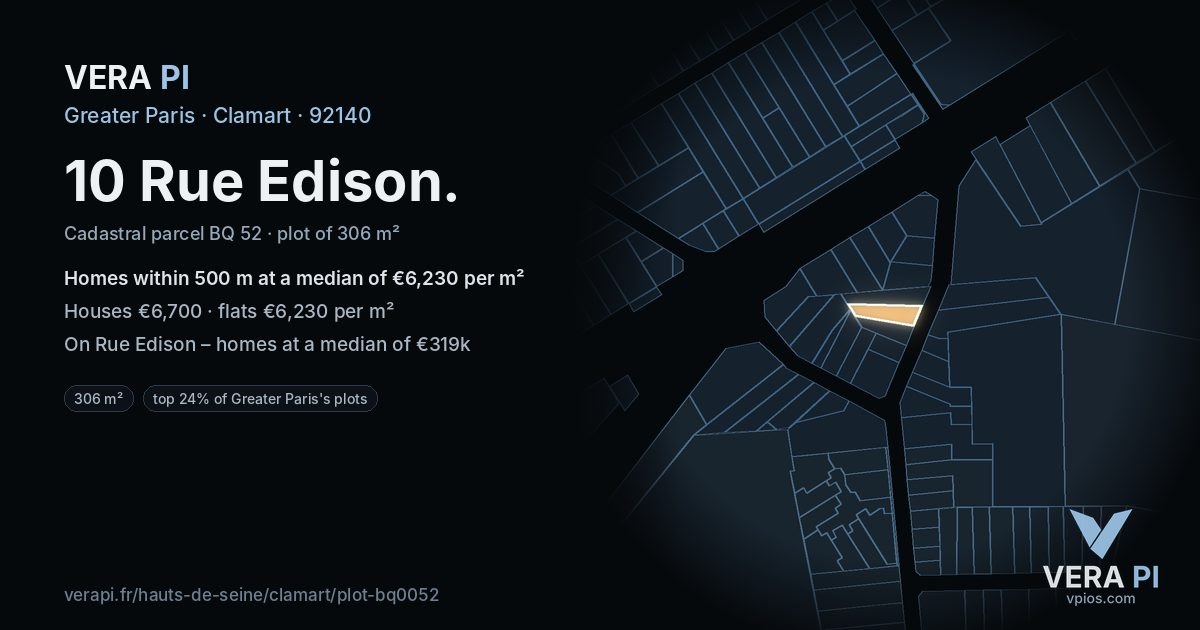 10 Rue Edison, Clamart at night – the plot lit, the parcels around coloured by the prices near them