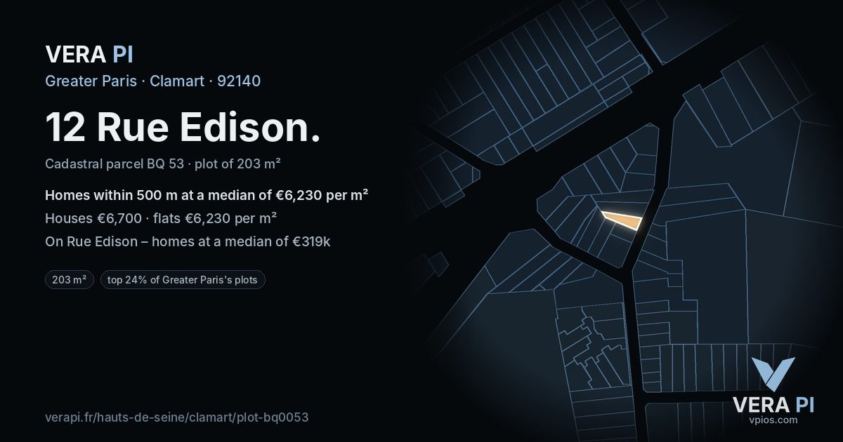 12 Rue Edison, Clamart at night – the plot lit, the parcels around coloured by the prices near them