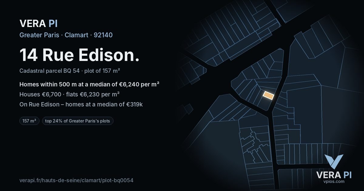 14 Rue Edison, Clamart at night – the plot lit, the parcels around coloured by the prices near them