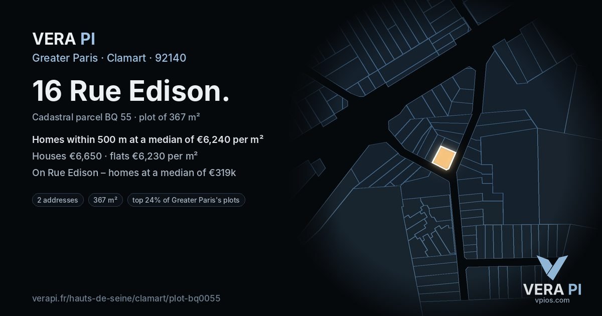 16 Rue Edison, Clamart at night – the plot lit, the parcels around coloured by the prices near them