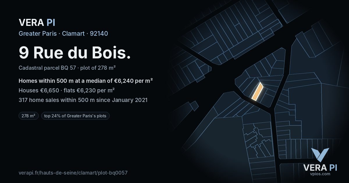 9 Rue du Bois, Clamart at night – the plot lit, the parcels around coloured by the prices near them