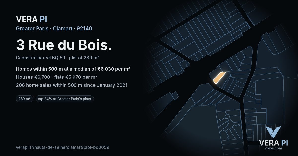 3 Rue du Bois, Clamart at night – the plot lit, the parcels around coloured by the prices near them
