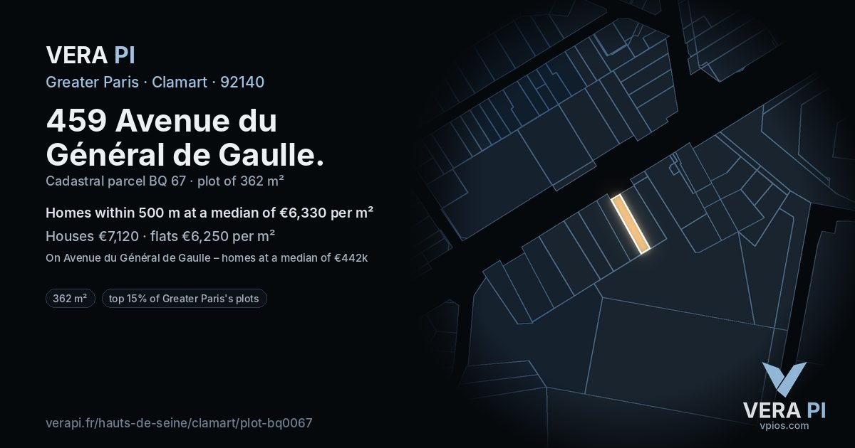 459 Avenue du Général de Gaulle, Clamart at night – the plot lit, the parcels around coloured by the prices near them