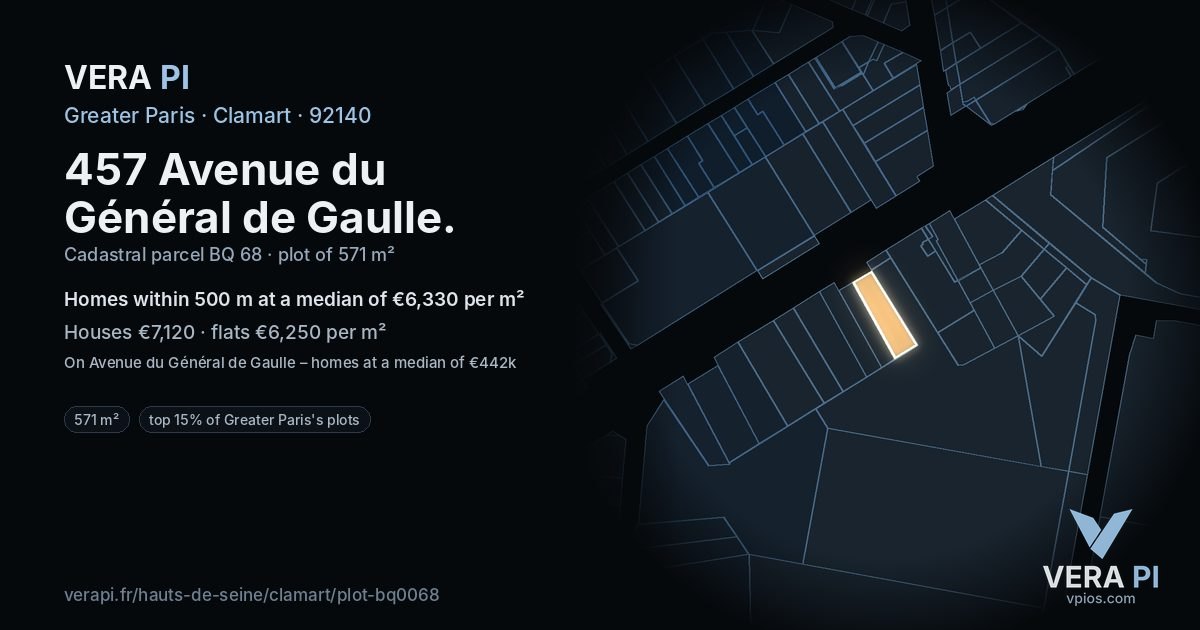 457 Avenue du Général de Gaulle, Clamart at night – the plot lit, the parcels around coloured by the prices near them