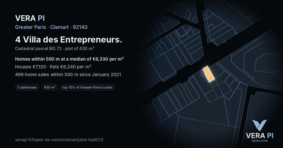 4 Villa des Entrepreneurs, Clamart at night – the plot lit, the parcels around coloured by the prices near them