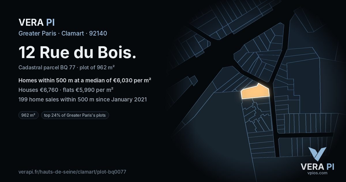 12 Rue du Bois, Clamart at night – the plot lit, the parcels around coloured by the prices near them