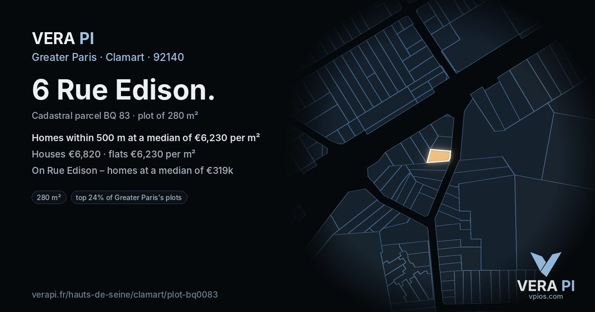6 Rue Edison, Clamart at night – the plot lit, the parcels around coloured by the prices near them