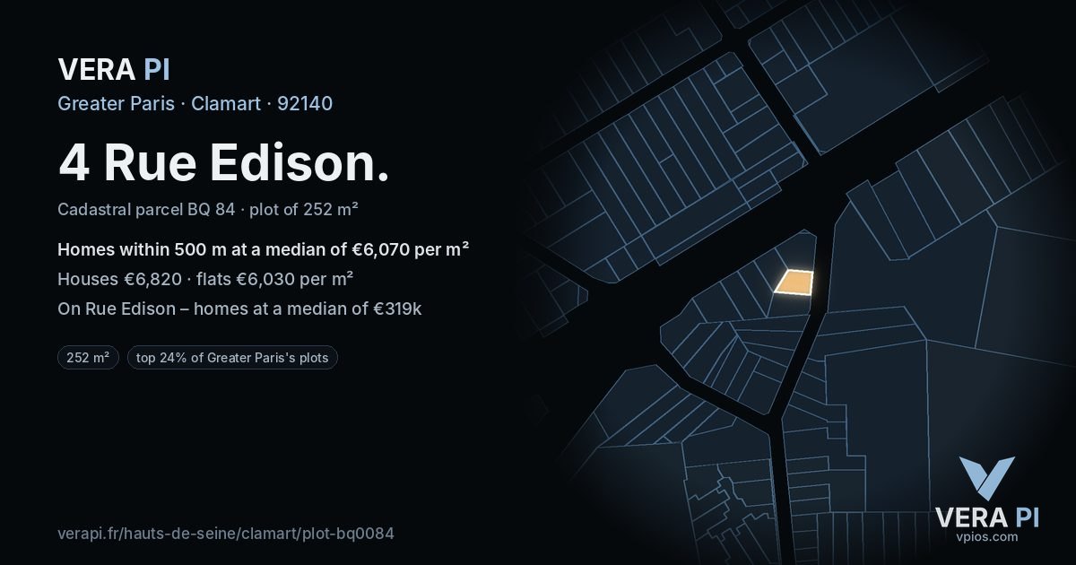 4 Rue Edison, Clamart at night – the plot lit, the parcels around coloured by the prices near them