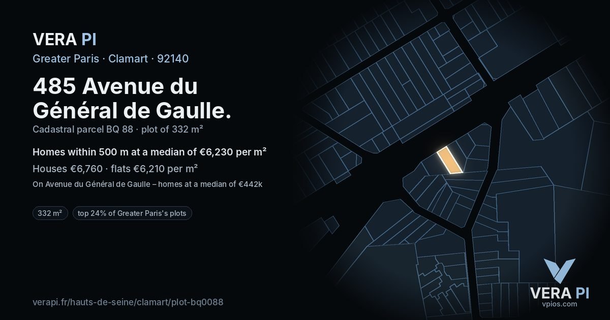 485 Avenue du Général de Gaulle, Clamart at night – the plot lit, the parcels around coloured by the prices near them