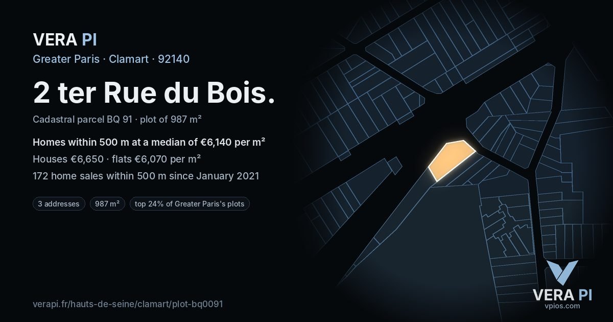 2 ter Rue du Bois, Clamart at night – the plot lit, the parcels around coloured by the prices near them