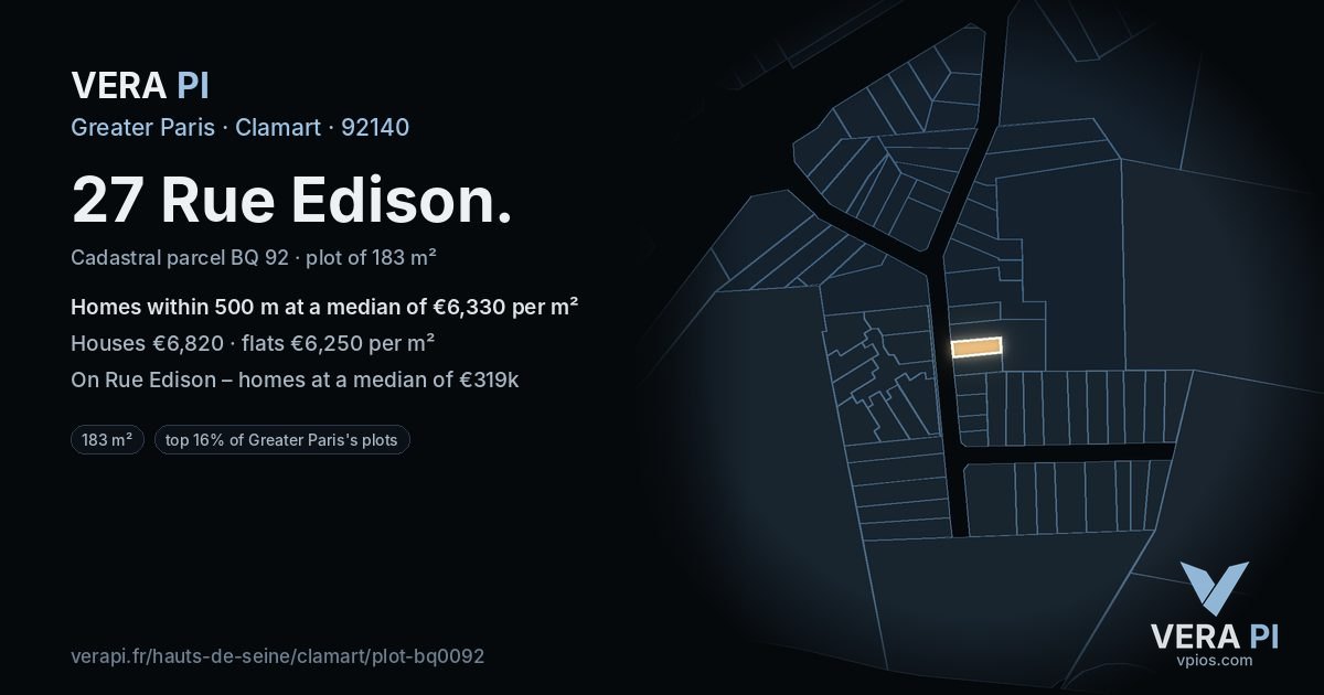 27 Rue Edison, Clamart at night – the plot lit, the parcels around coloured by the prices near them