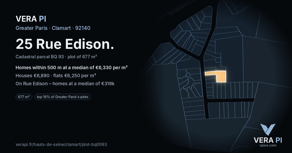 25 Rue Edison, Clamart at night – the plot lit, the parcels around coloured by the prices near them