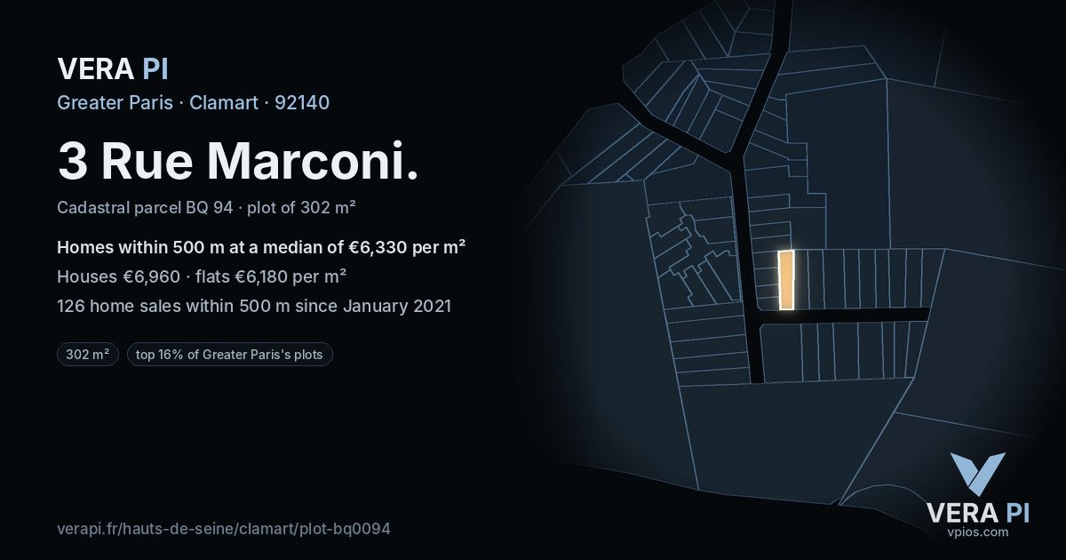3 Rue Marconi, Clamart at night – the plot lit, the parcels around coloured by the prices near them