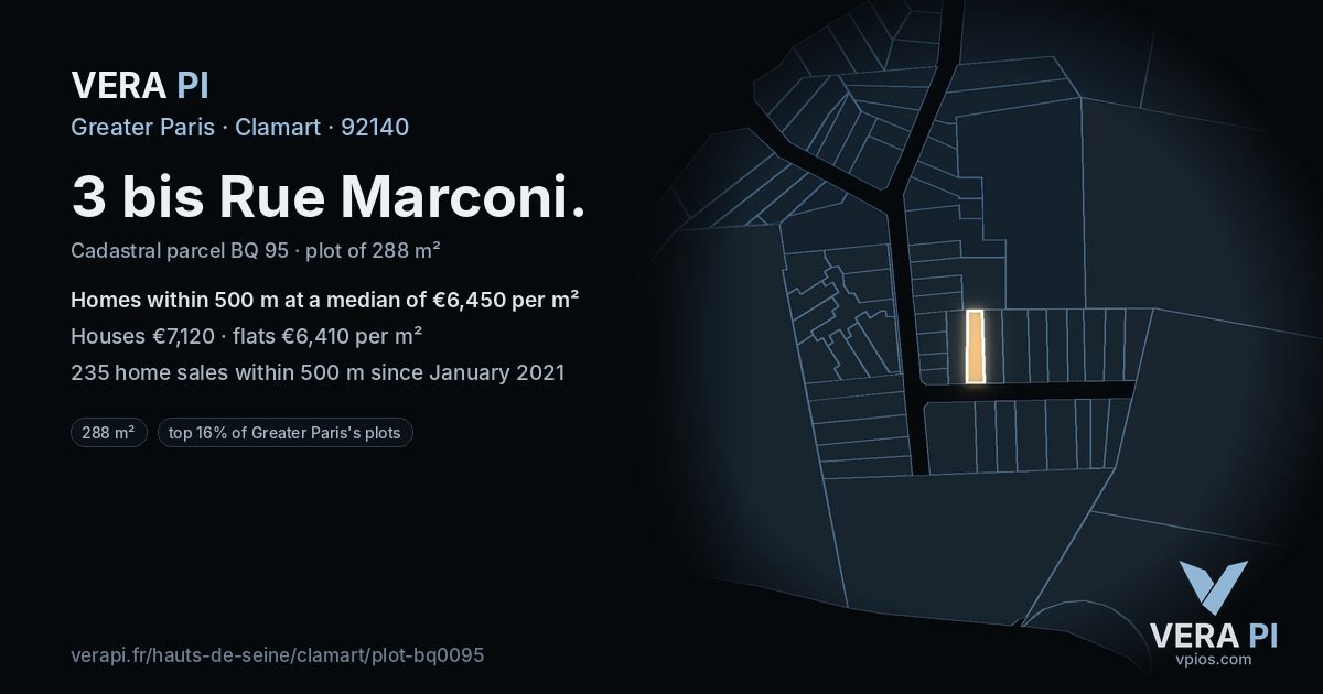 3 bis Rue Marconi, Clamart at night – the plot lit, the parcels around coloured by the prices near them