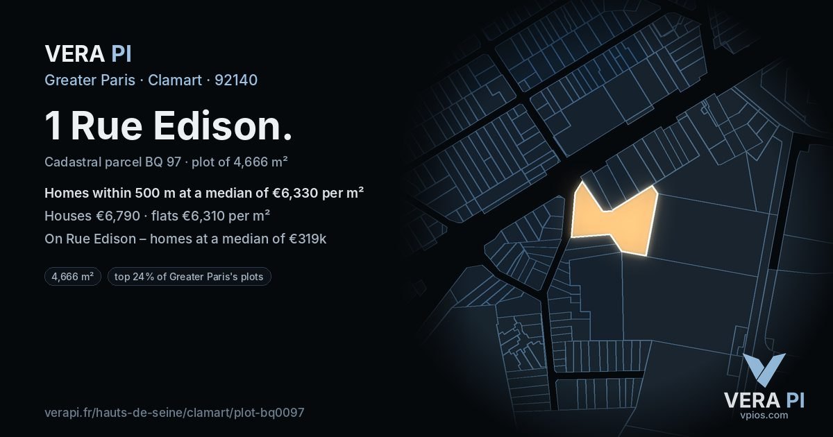 1 Rue Edison, Clamart at night – the plot lit, the parcels around coloured by the prices near them