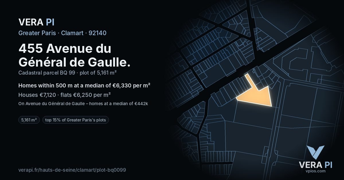 455 Avenue du Général de Gaulle, Clamart at night – the plot lit, the parcels around coloured by the prices near them
