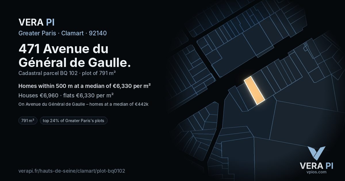 471 Avenue du Général de Gaulle, Clamart at night – the plot lit, the parcels around coloured by the prices near them