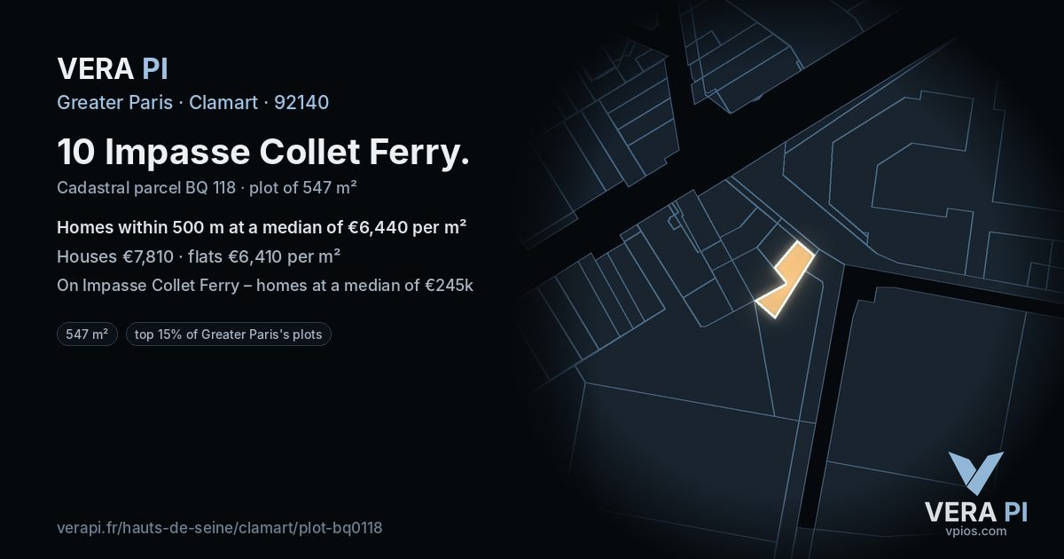 10 Impasse Collet Ferry, Clamart at night – the plot lit, the parcels around coloured by the prices near them