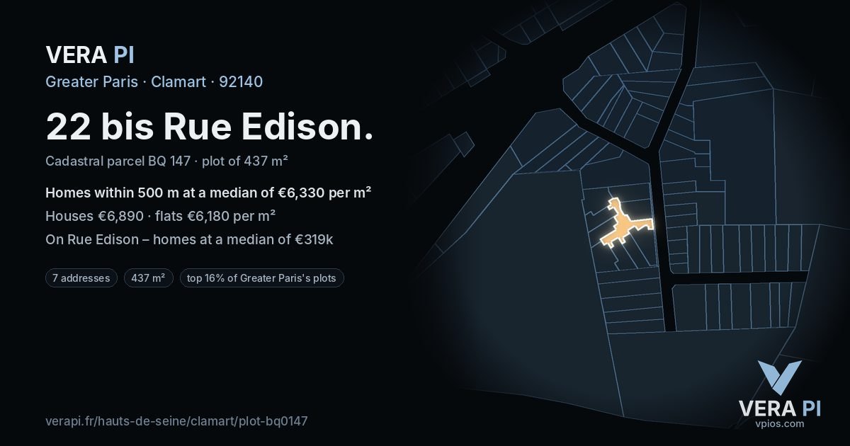 22 bis Rue Edison, Clamart at night – the plot lit, the parcels around coloured by the prices near them