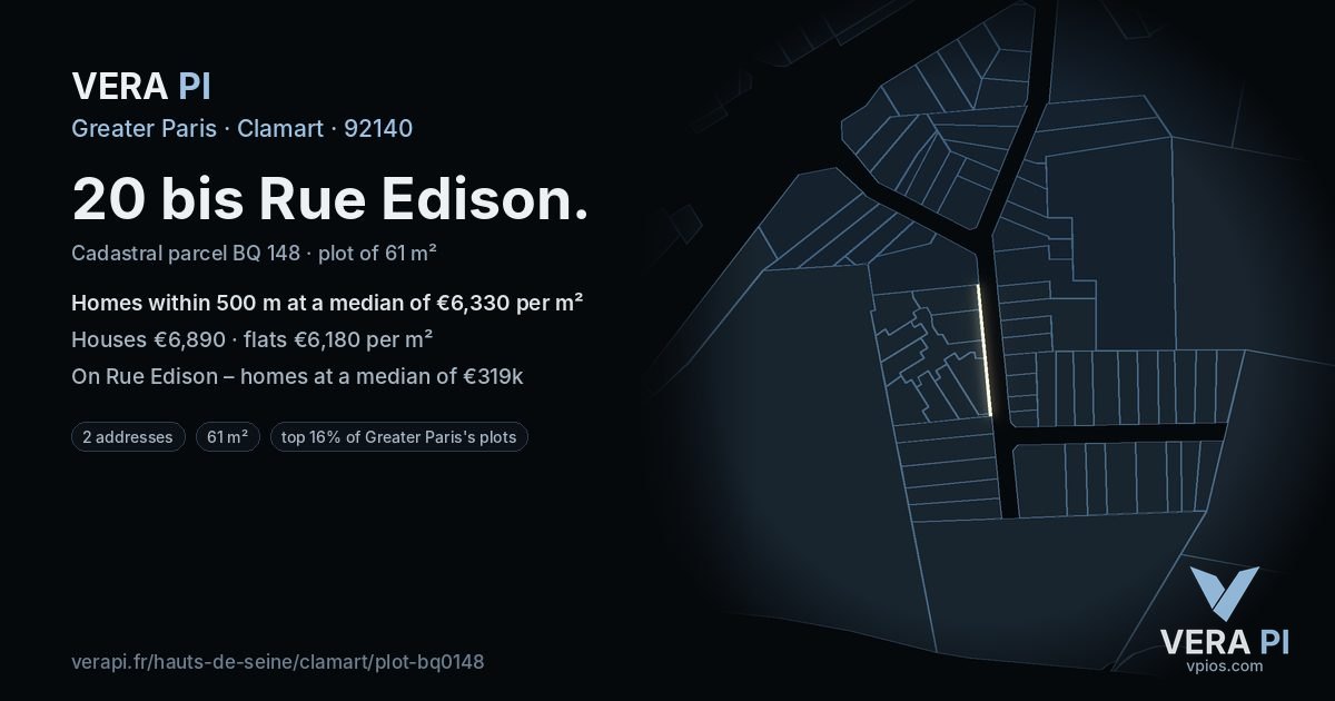 20 bis Rue Edison, Clamart at night – the plot lit, the parcels around coloured by the prices near them