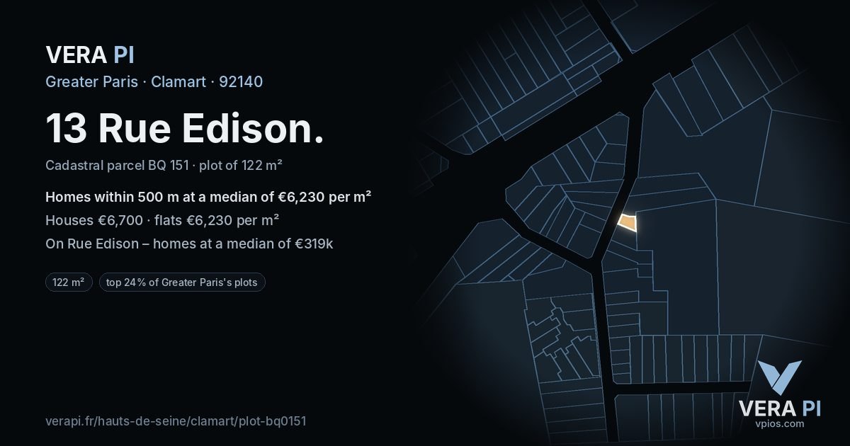 13 Rue Edison, Clamart at night – the plot lit, the parcels around coloured by the prices near them