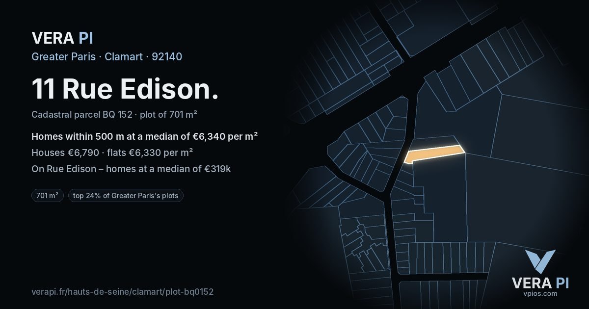 11 Rue Edison, Clamart at night – the plot lit, the parcels around coloured by the prices near them