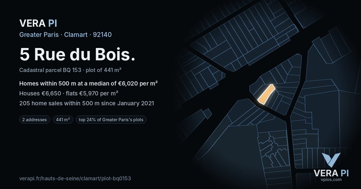 5 Rue du Bois, Clamart at night – the plot lit, the parcels around coloured by the prices near them
