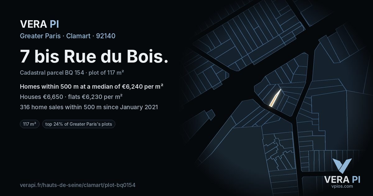 7 bis Rue du Bois, Clamart at night – the plot lit, the parcels around coloured by the prices near them