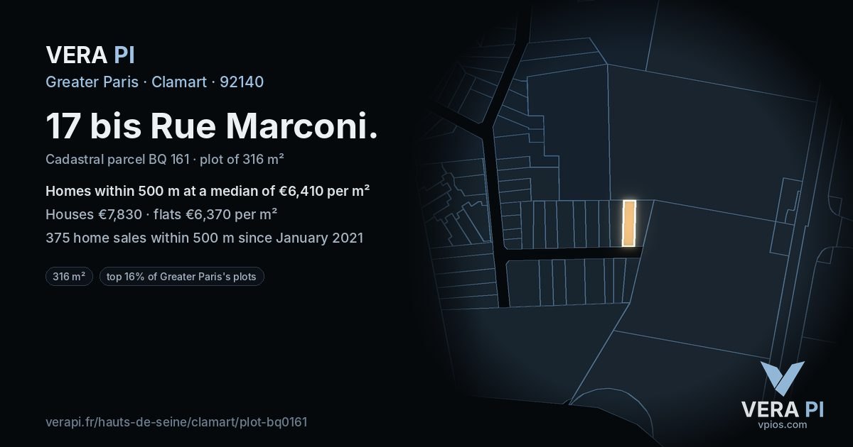 17 bis Rue Marconi, Clamart at night – the plot lit, the parcels around coloured by the prices near them