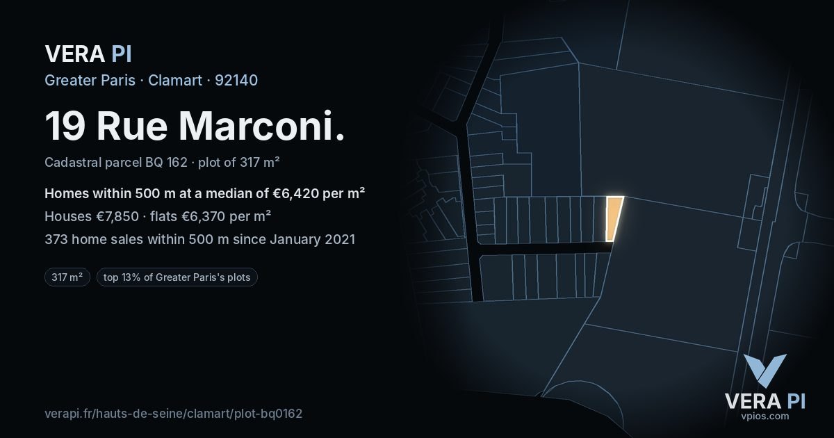 19 Rue Marconi, Clamart at night – the plot lit, the parcels around coloured by the prices near them
