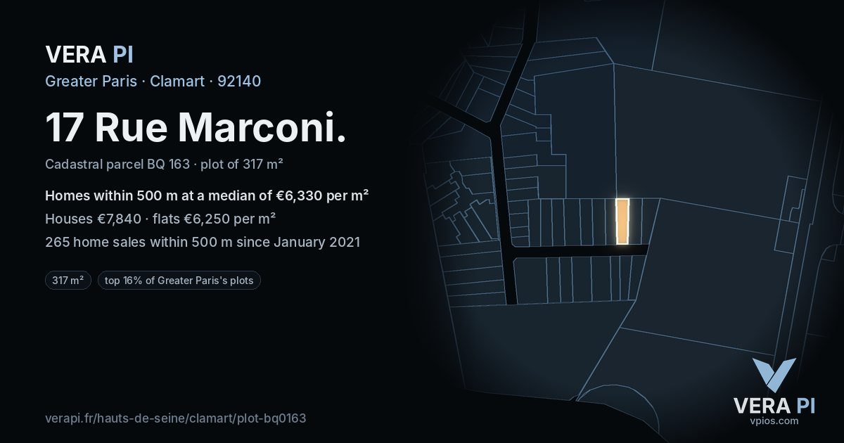 17 Rue Marconi, Clamart at night – the plot lit, the parcels around coloured by the prices near them