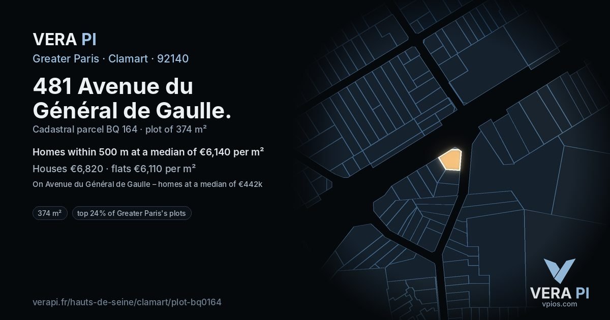 481 Avenue du Général de Gaulle, Clamart at night – the plot lit, the parcels around coloured by the prices near them