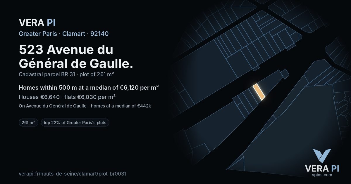 523 Avenue du Général de Gaulle, Clamart at night – the plot lit, the parcels around coloured by the prices near them