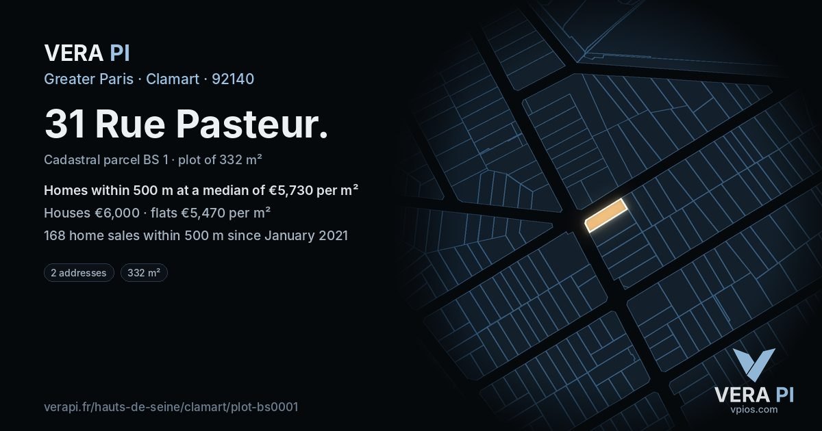 31 Rue Pasteur, Clamart at night – the plot lit, the parcels around coloured by the prices near them