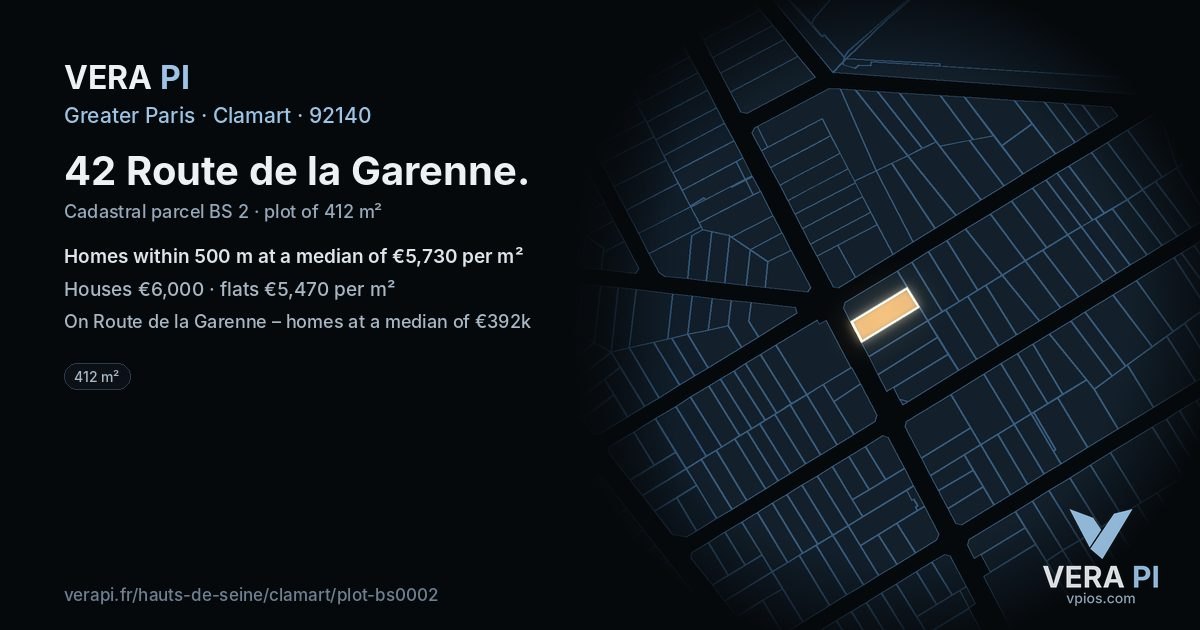 42 Route de la Garenne, Clamart at night – the plot lit, the parcels around coloured by the prices near them