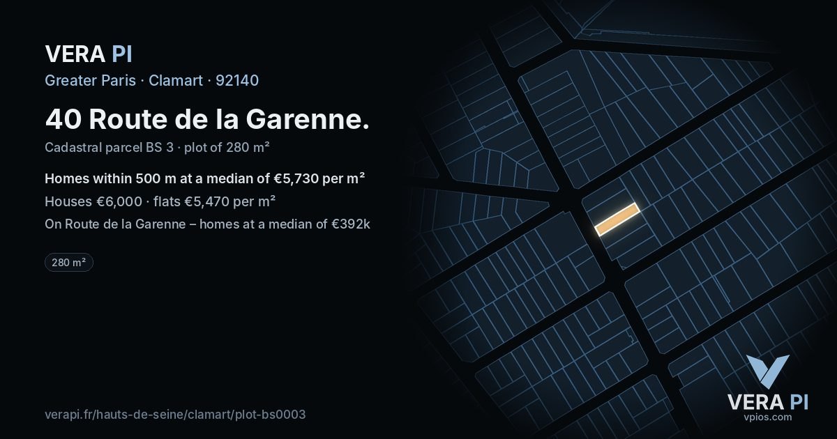 40 Route de la Garenne, Clamart at night – the plot lit, the parcels around coloured by the prices near them