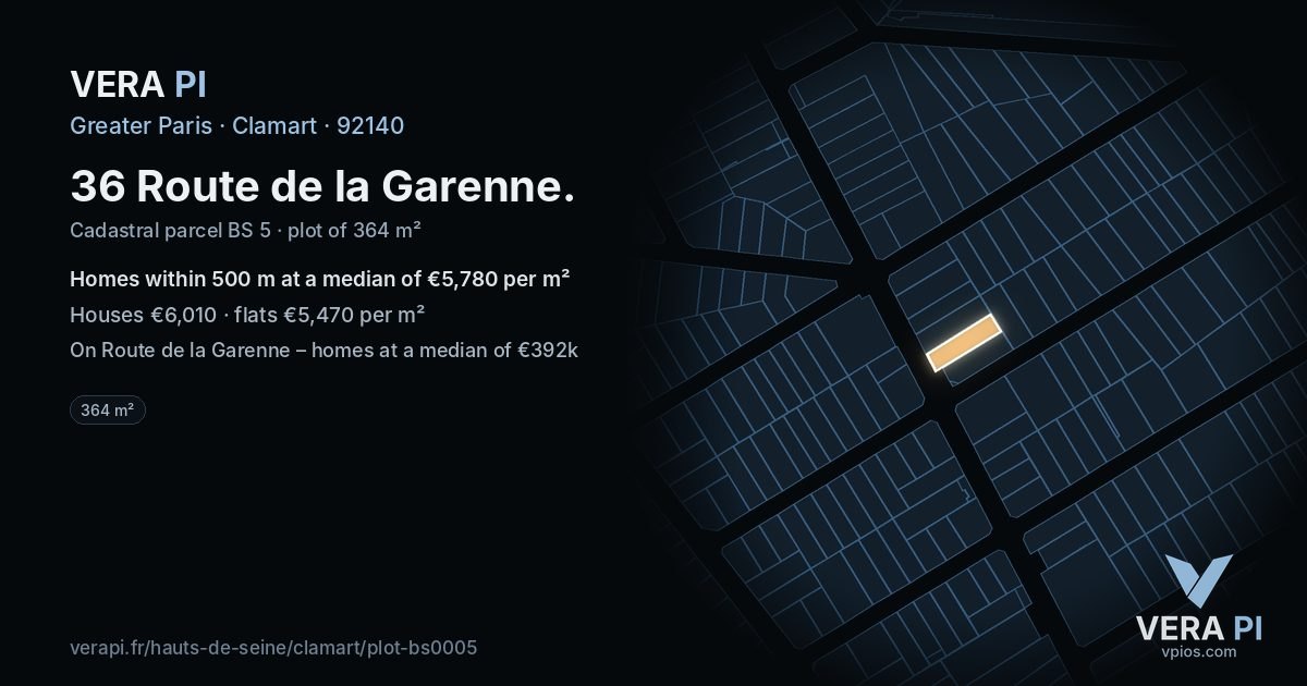 36 Route de la Garenne, Clamart at night – the plot lit, the parcels around coloured by the prices near them