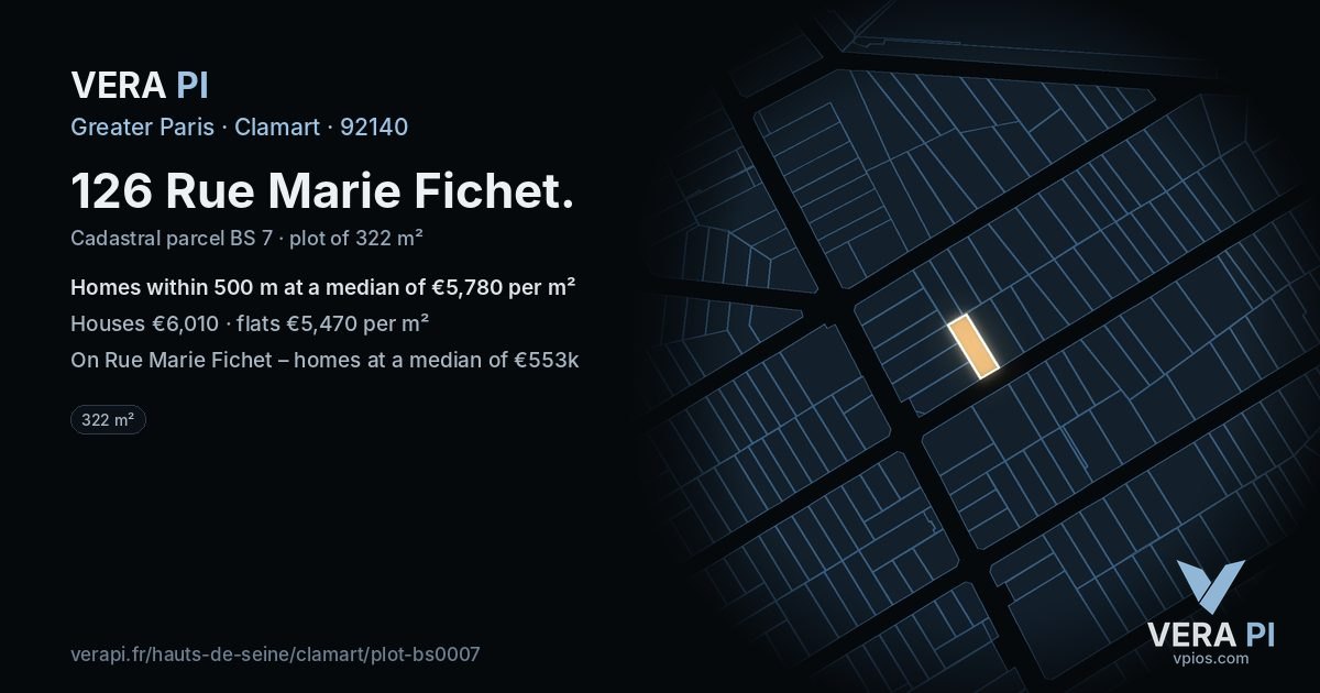 126 Rue Marie Fichet, Clamart at night – the plot lit, the parcels around coloured by the prices near them