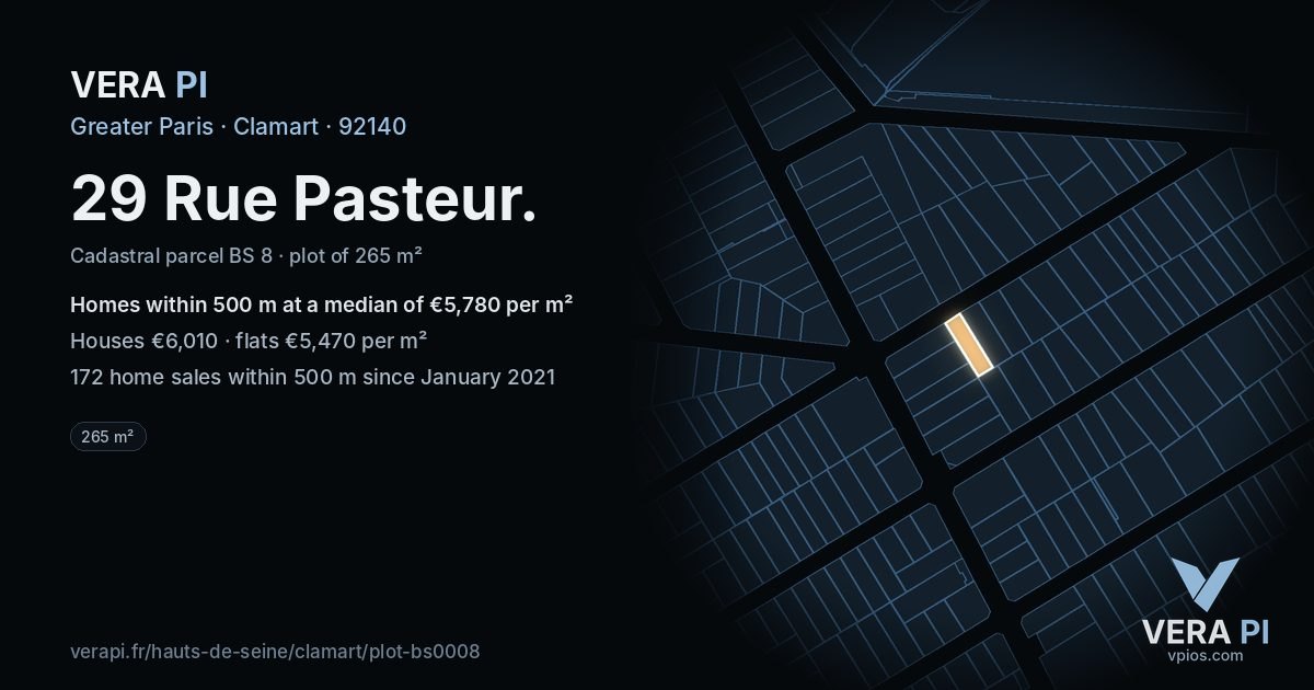 29 Rue Pasteur, Clamart at night – the plot lit, the parcels around coloured by the prices near them