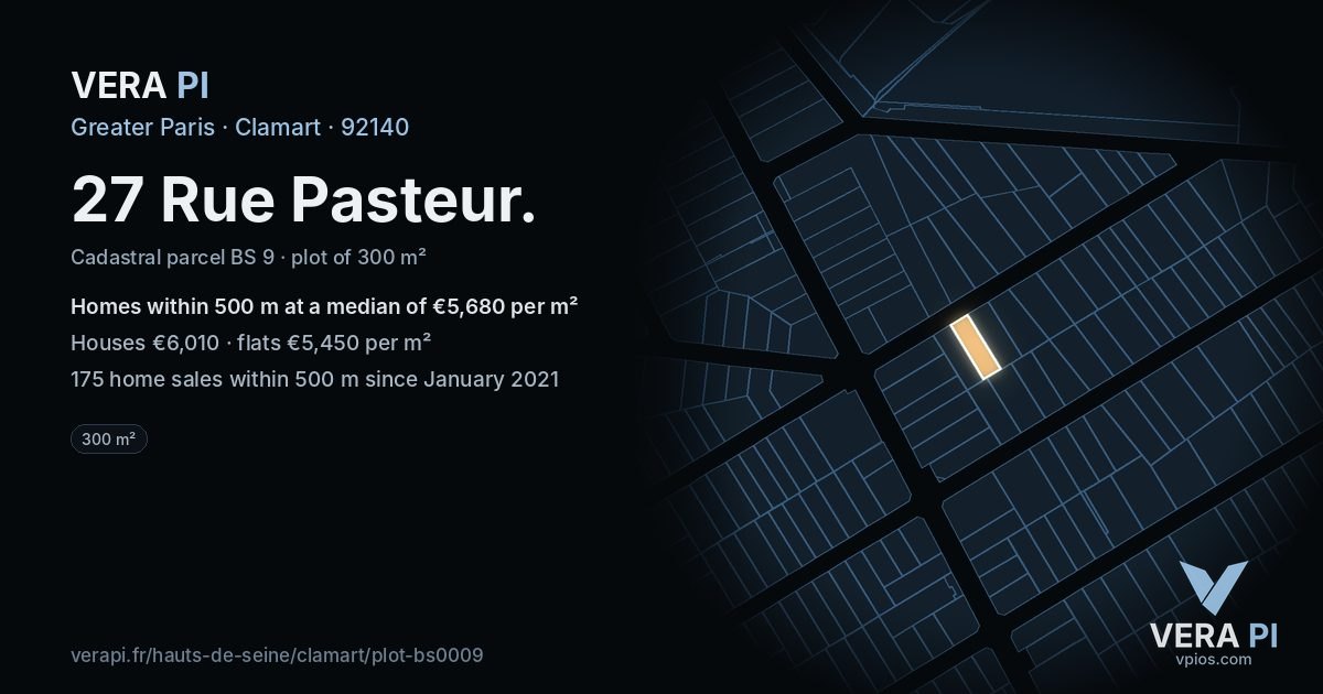 27 Rue Pasteur, Clamart at night – the plot lit, the parcels around coloured by the prices near them