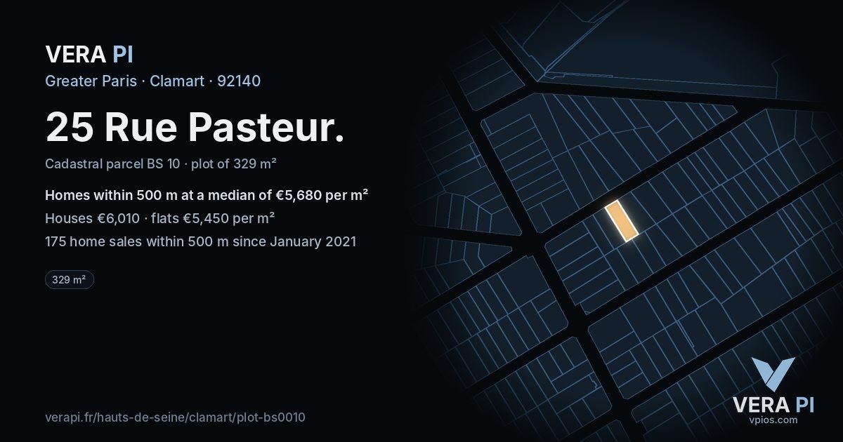 25 Rue Pasteur, Clamart at night – the plot lit, the parcels around coloured by the prices near them