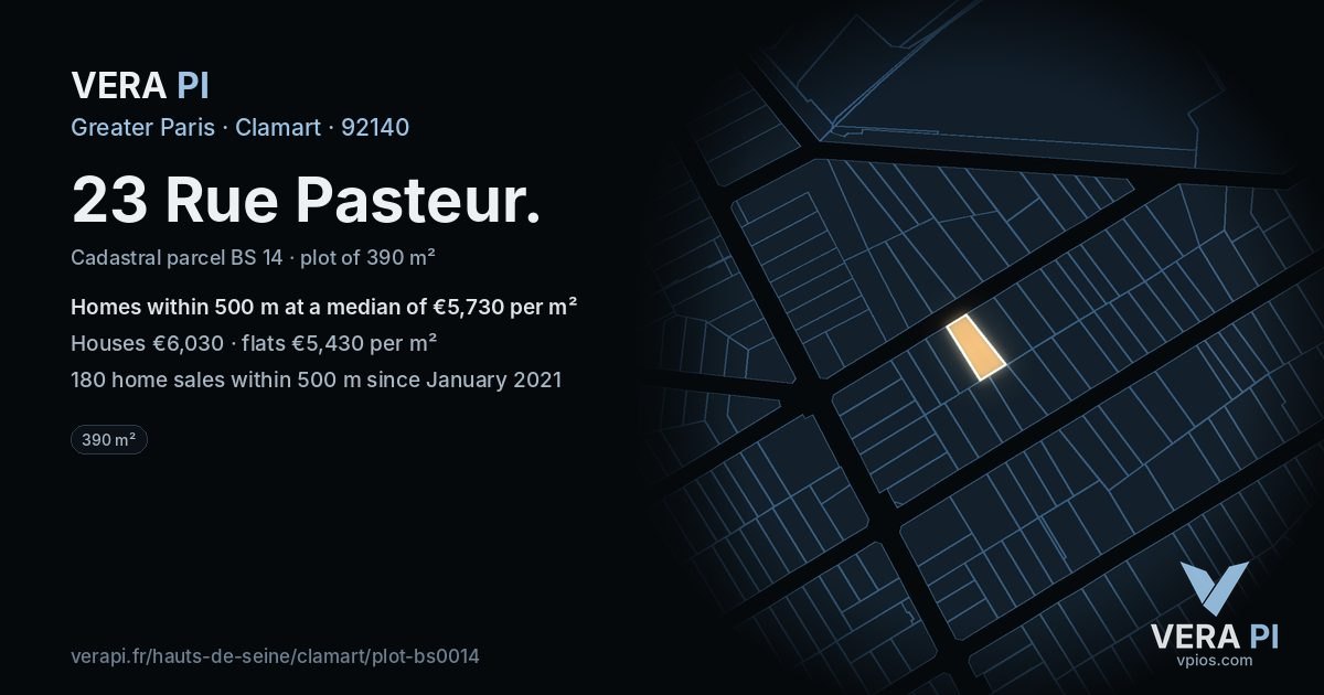 23 Rue Pasteur, Clamart at night – the plot lit, the parcels around coloured by the prices near them