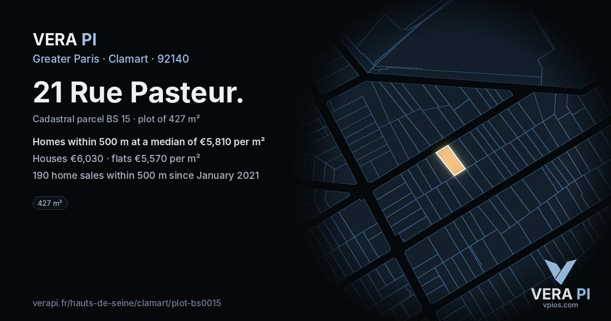 21 Rue Pasteur, Clamart at night – the plot lit, the parcels around coloured by the prices near them