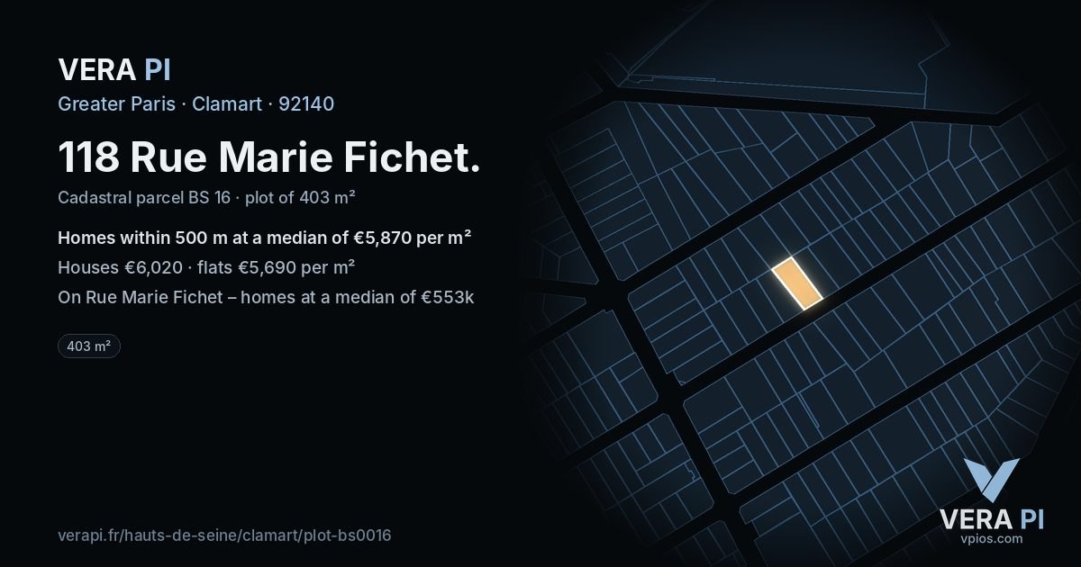 118 Rue Marie Fichet, Clamart at night – the plot lit, the parcels around coloured by the prices near them