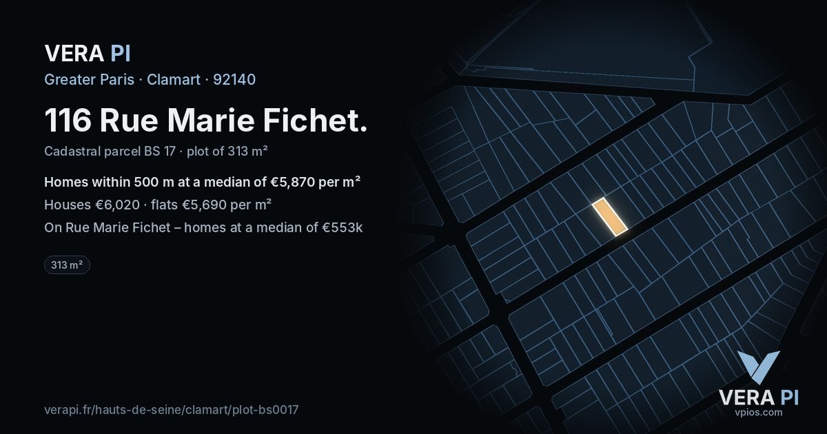 116 Rue Marie Fichet, Clamart at night – the plot lit, the parcels around coloured by the prices near them