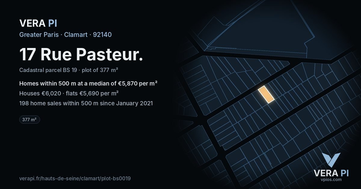 17 Rue Pasteur, Clamart at night – the plot lit, the parcels around coloured by the prices near them