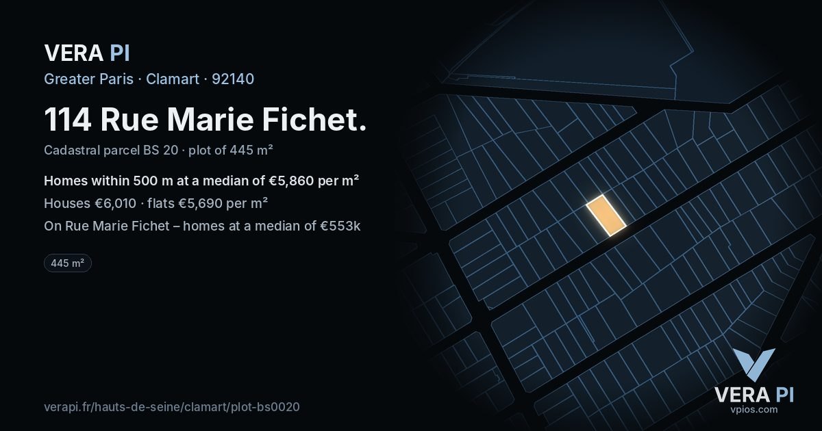 114 Rue Marie Fichet, Clamart at night – the plot lit, the parcels around coloured by the prices near them
